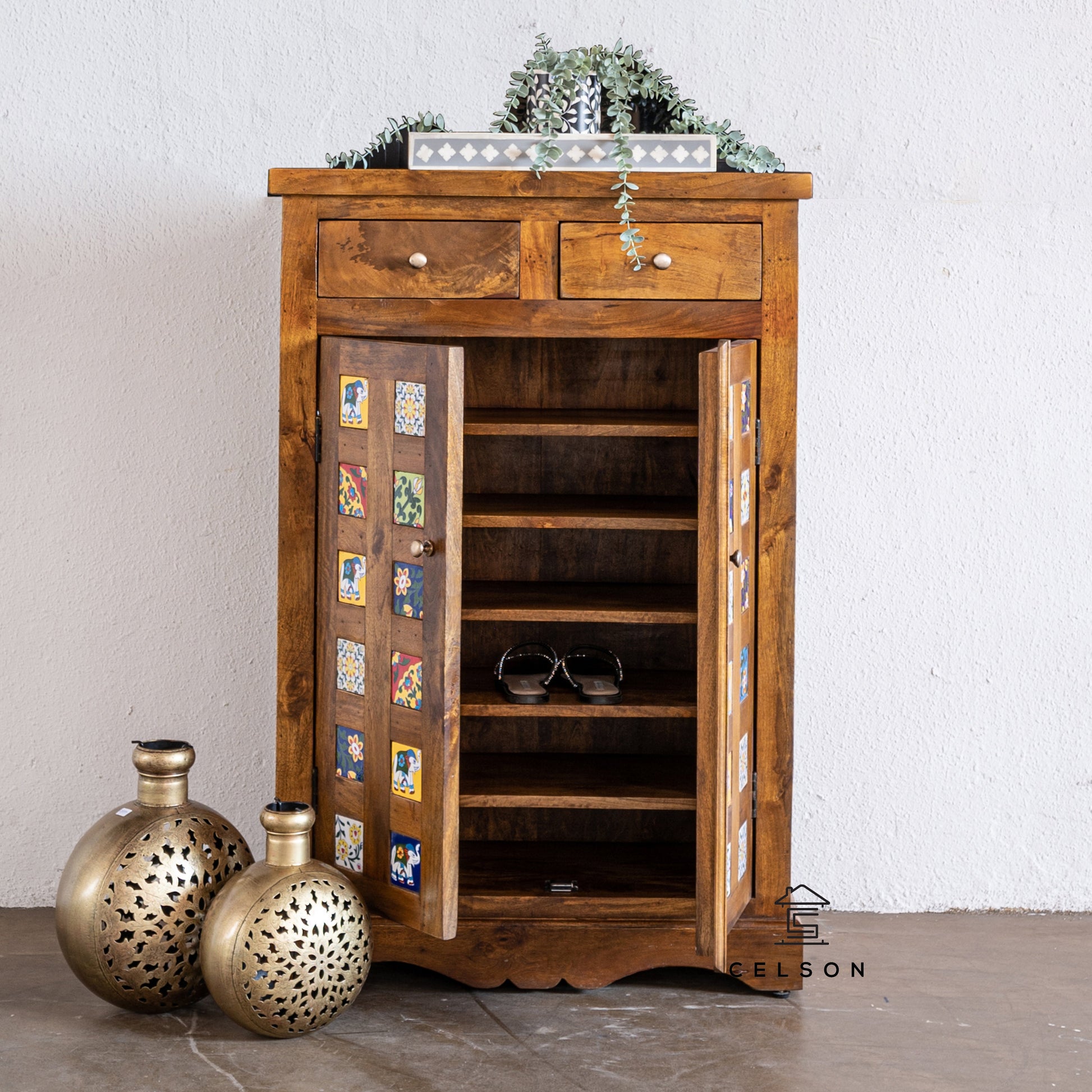 Smith Hand Carved Tile Shoe Cabinet