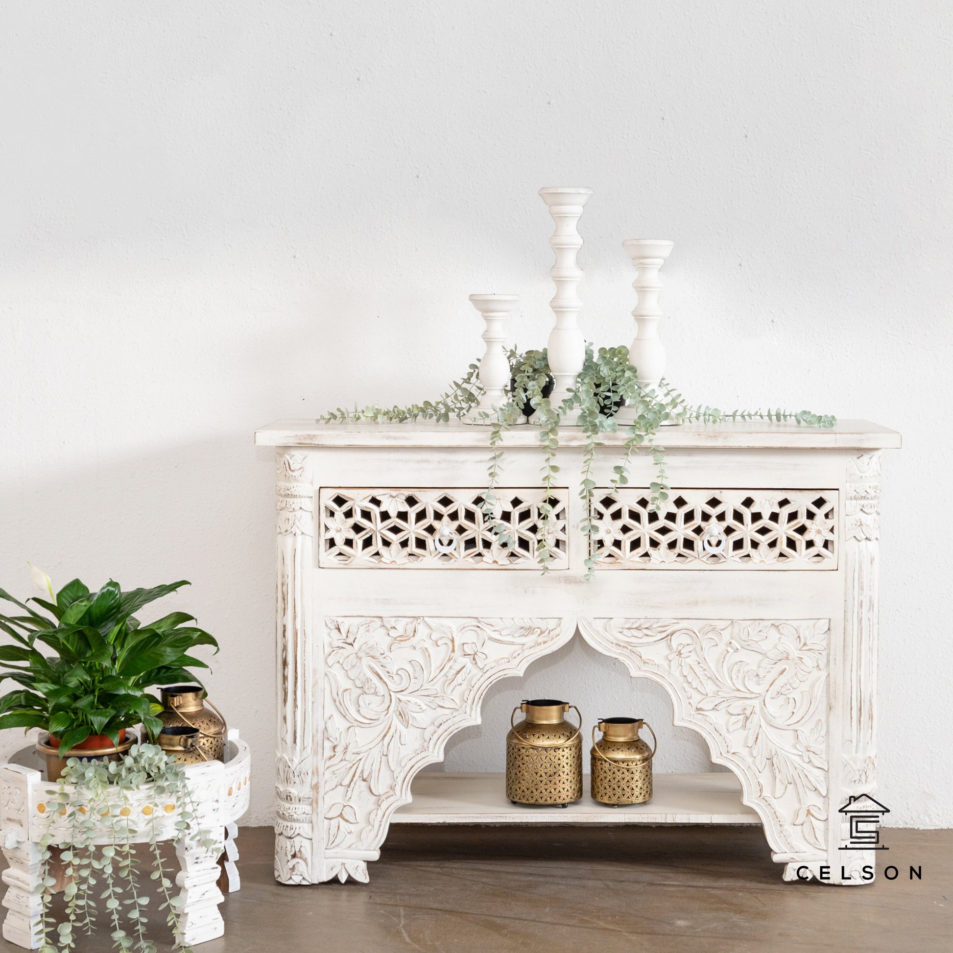 Penny Hand Carved Wooden Console Table