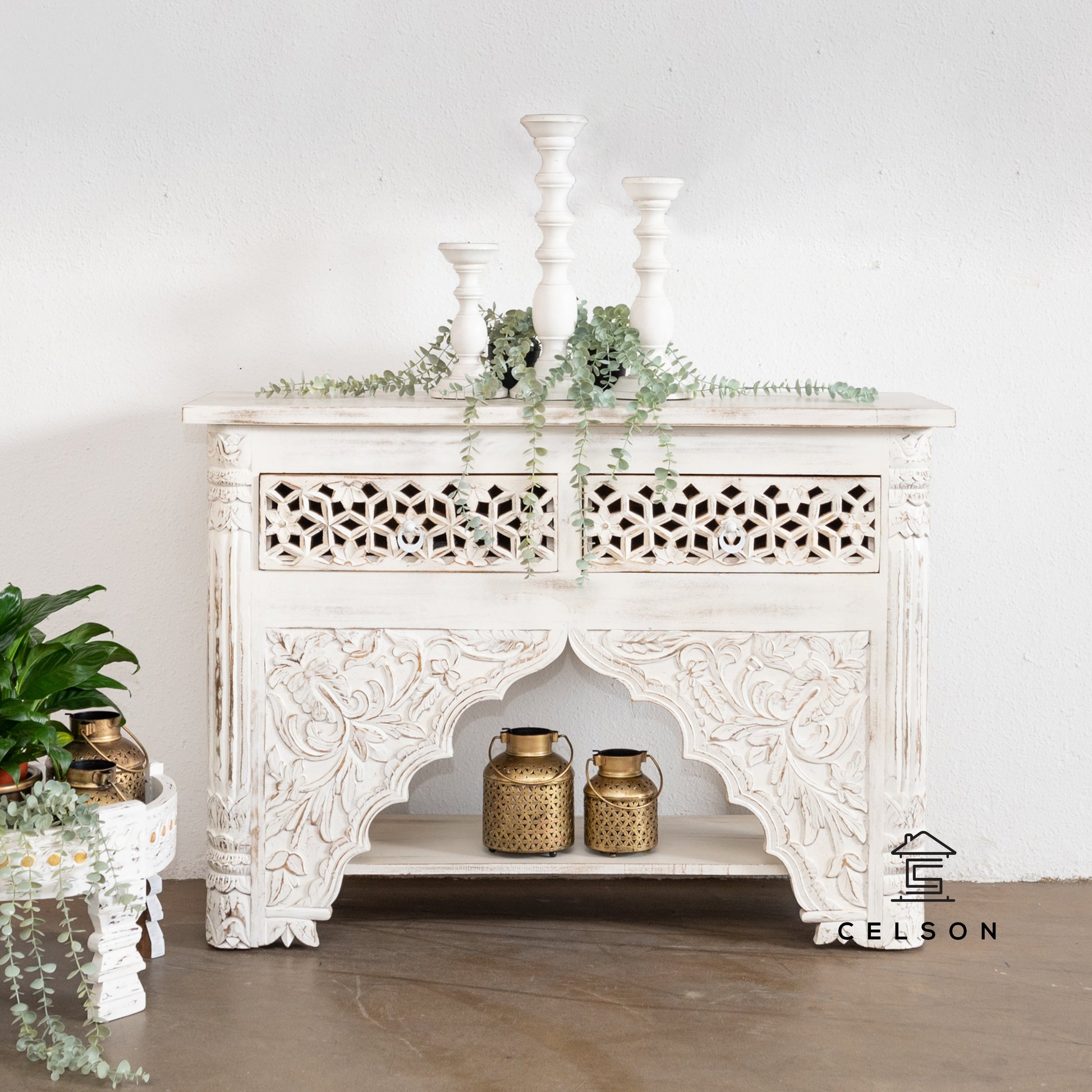Penny Hand Carved Wooden Console Table