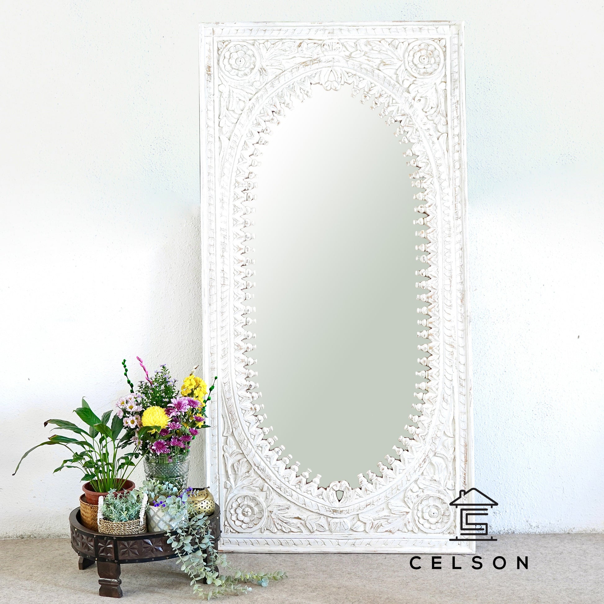 Utkarsh Spindle Carved Wooden Mirror