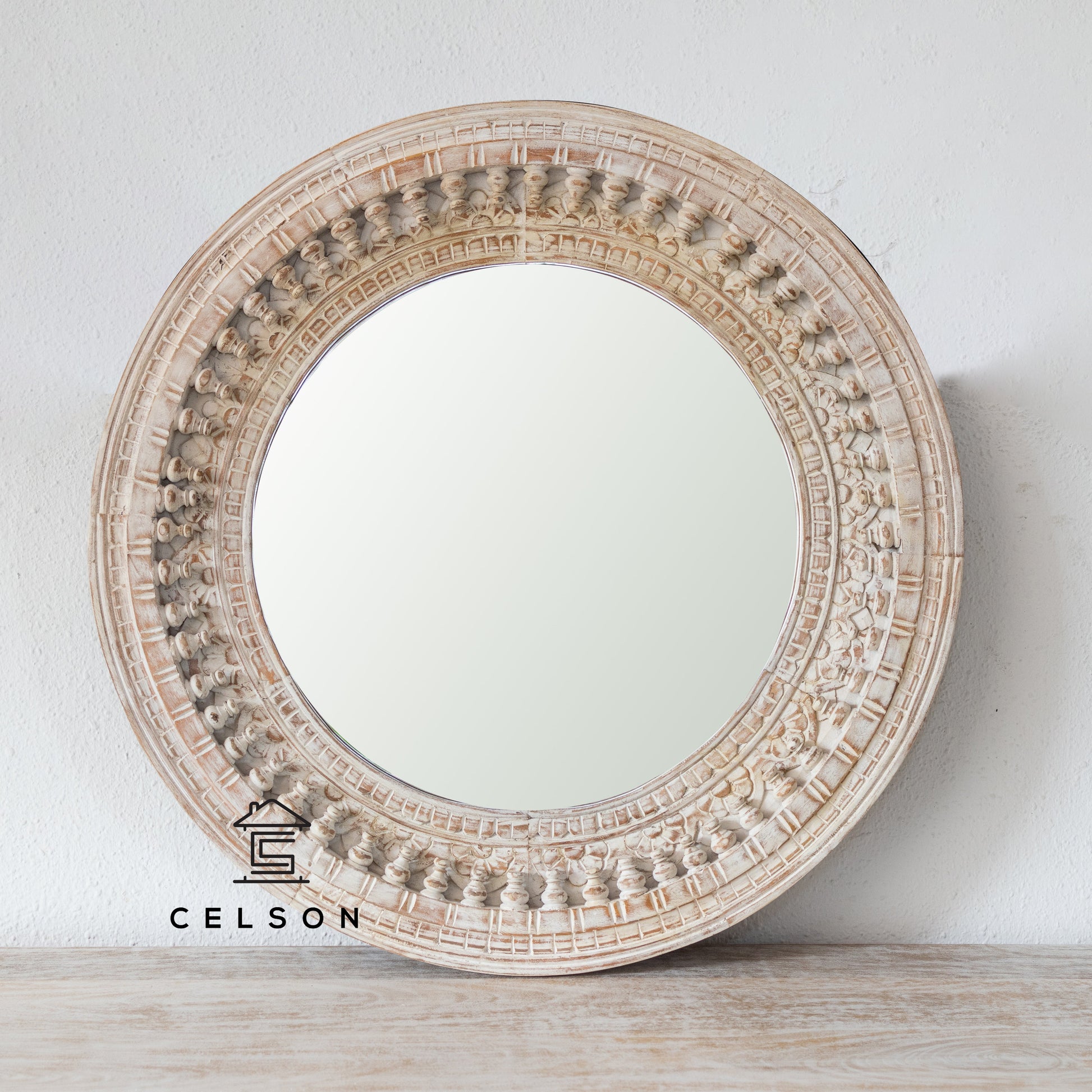 Becca Carved Spindle Round Mirror