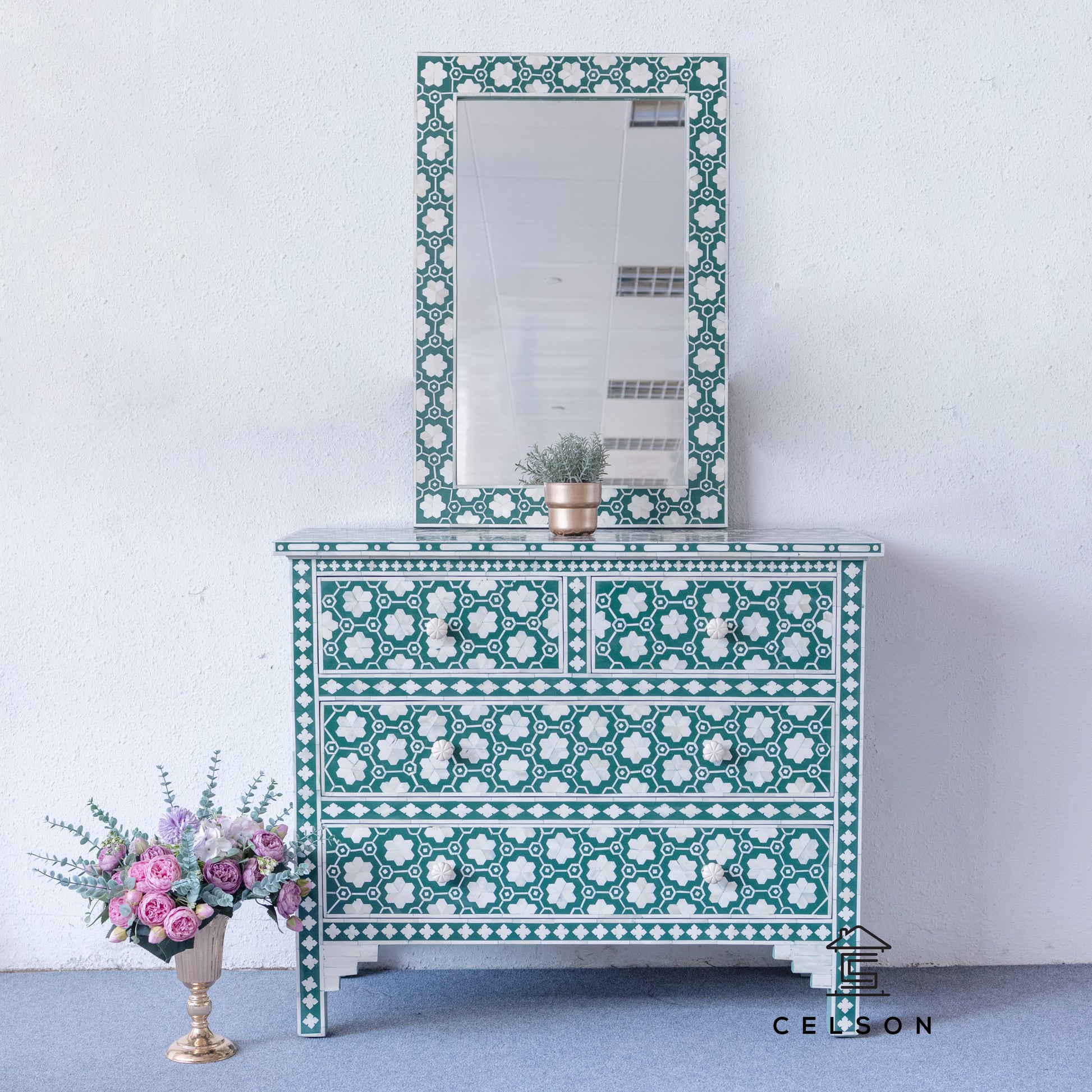 Aaron Bone Inlay Chest and Mirror