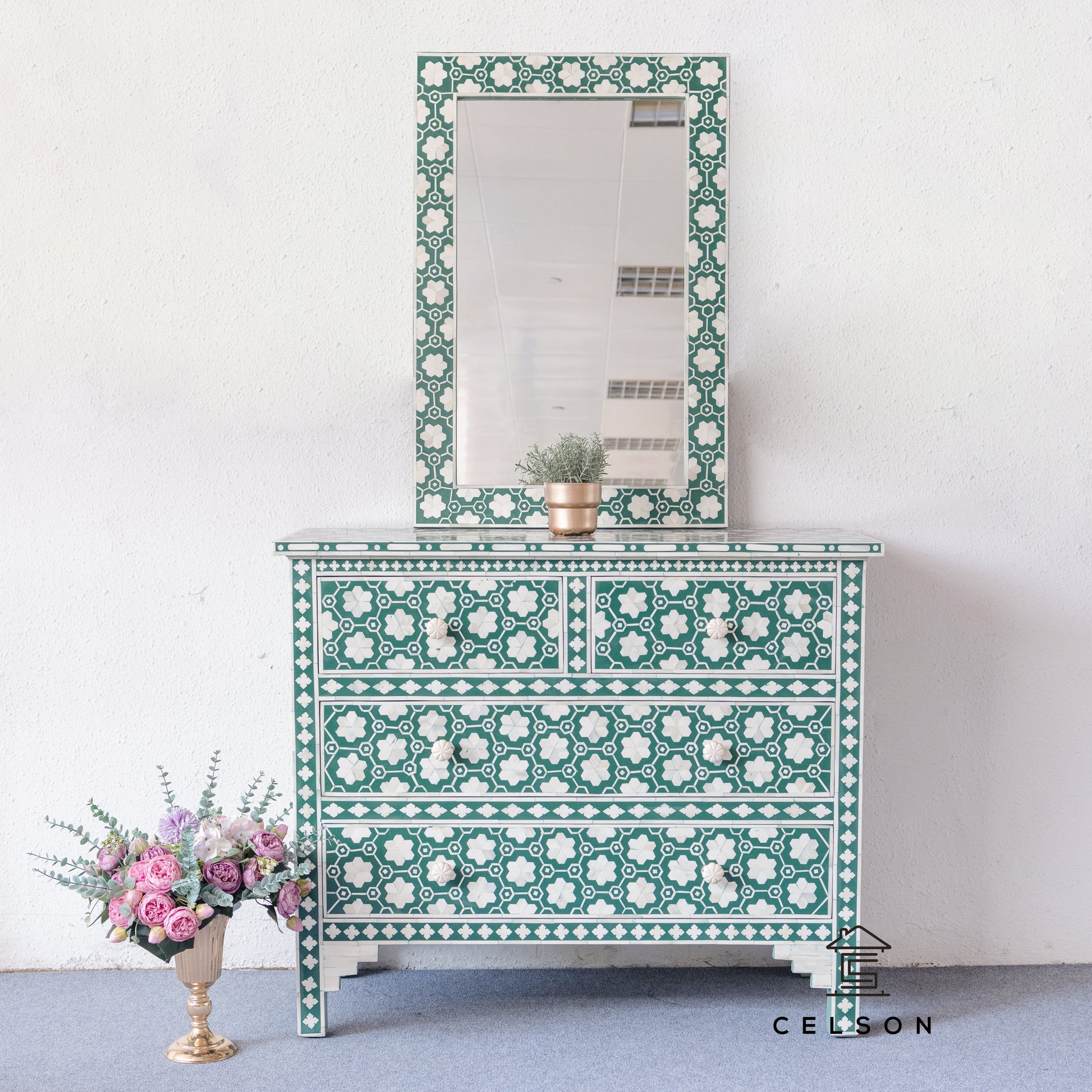 Aaron Bone Inlay Chest and Mirror