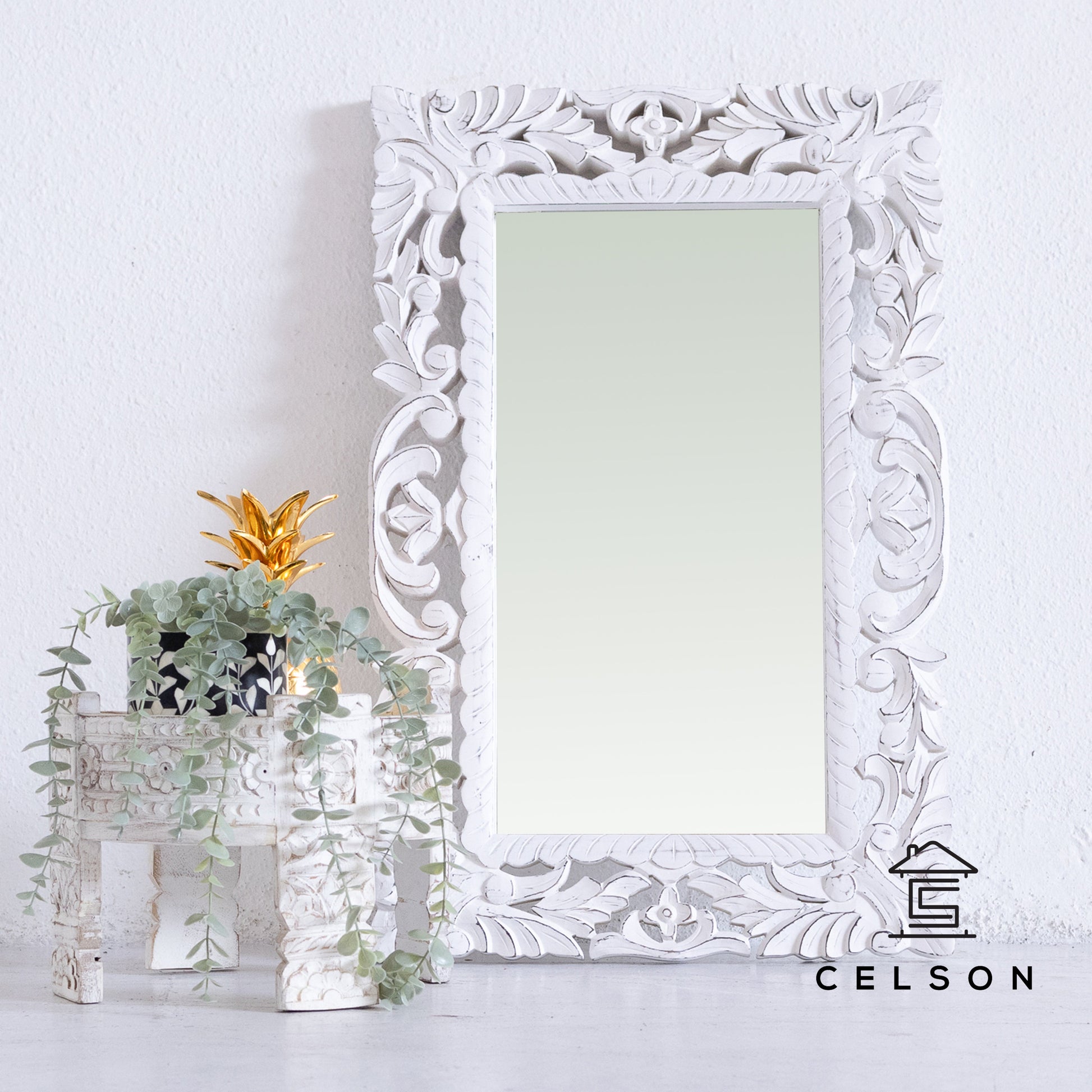 Simmi Carved White Mirror