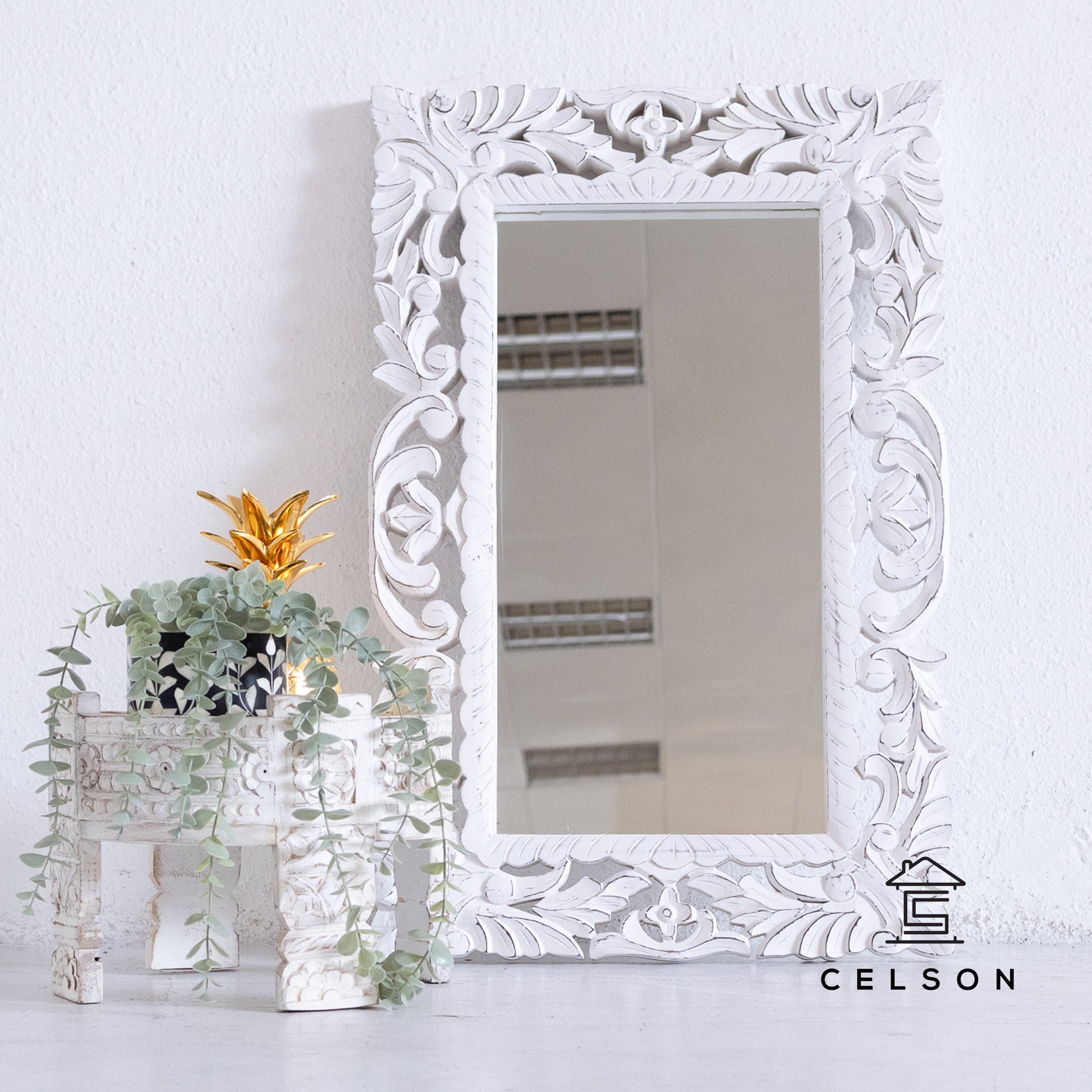 Simmi Carved White Mirror
