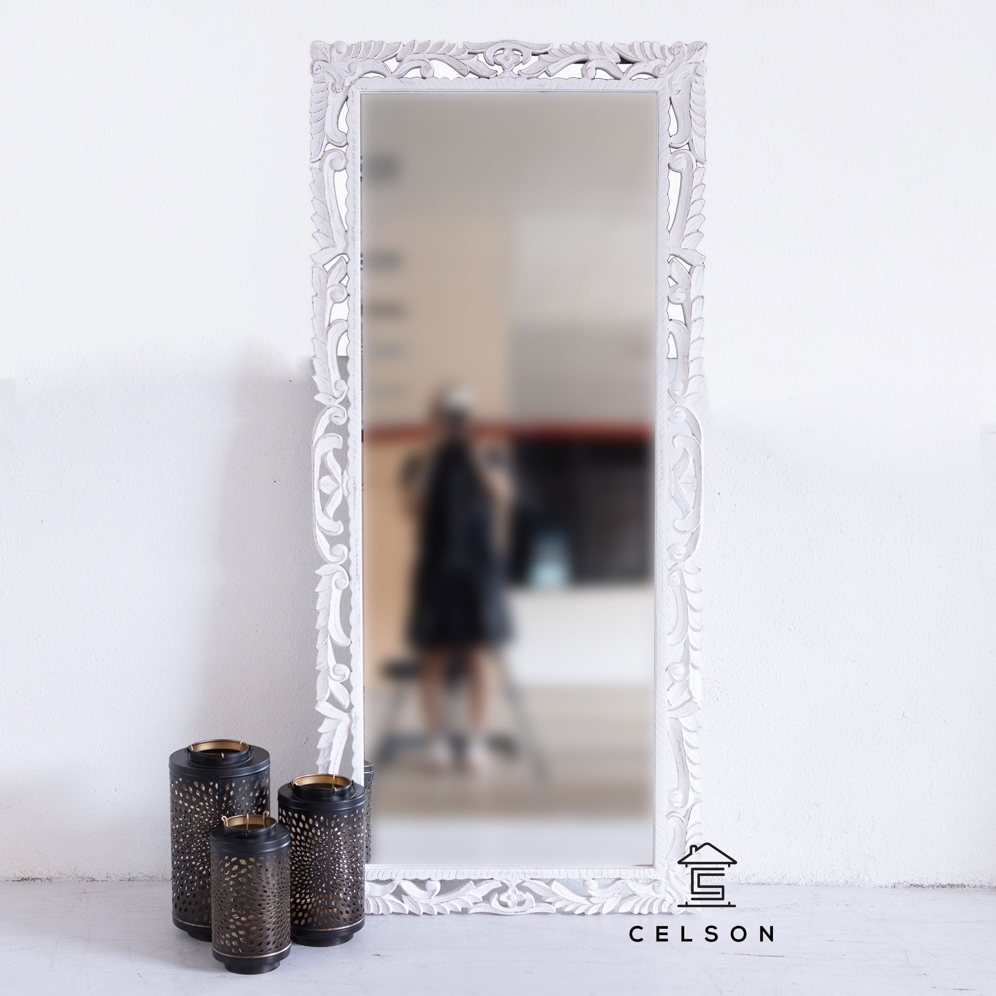 Simmi Carved White Mirror