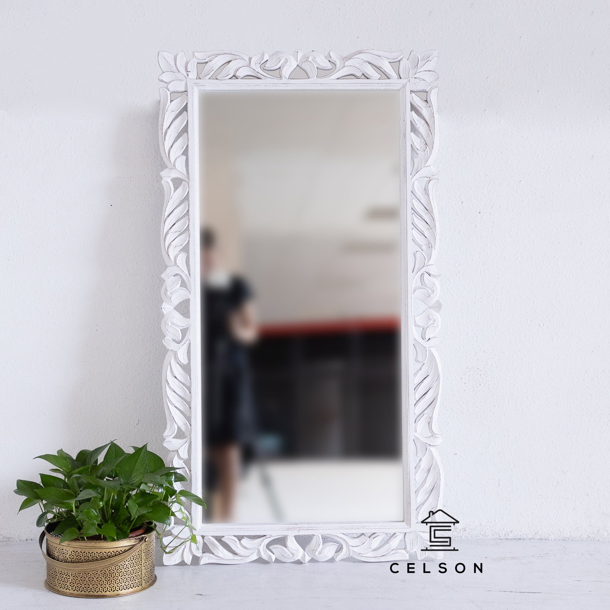 Simmi Carved White Mirror
