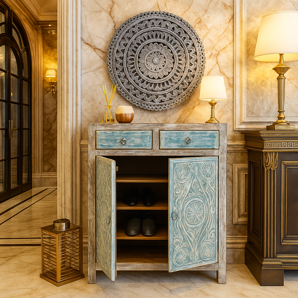 Jenn Hand Carved Wooden Shoe Cabinet