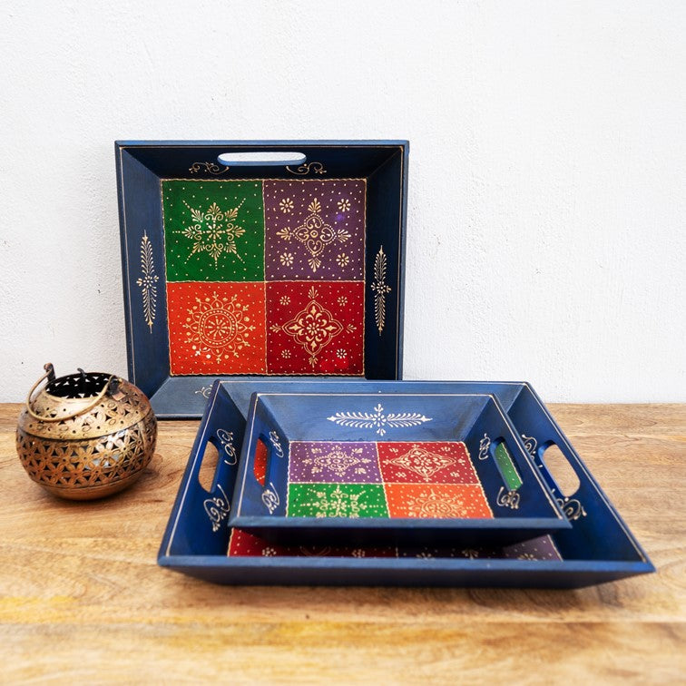 Nibha Hand Painted Wooden Tray Set/3