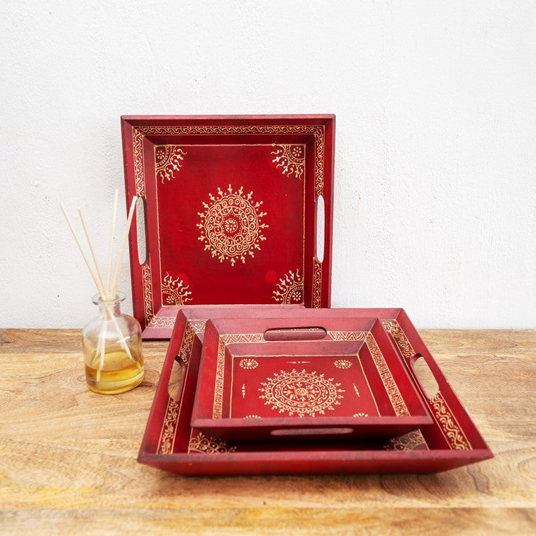 Nibha Hand Painted Wooden Tray Set/3