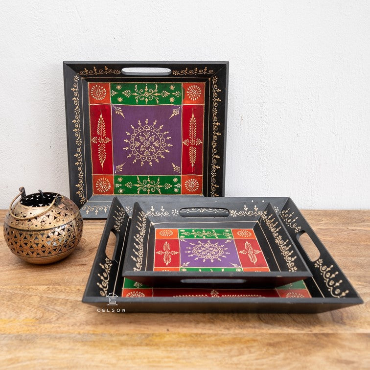 Nibha Hand Painted Wooden Tray Set/3