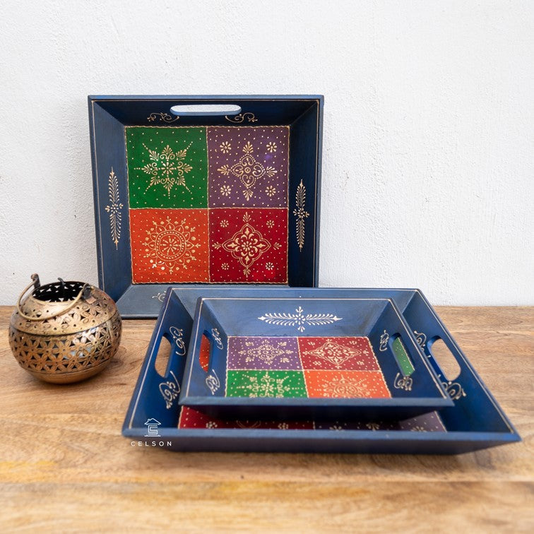 Nibha Hand Painted Wooden Tray Set/3