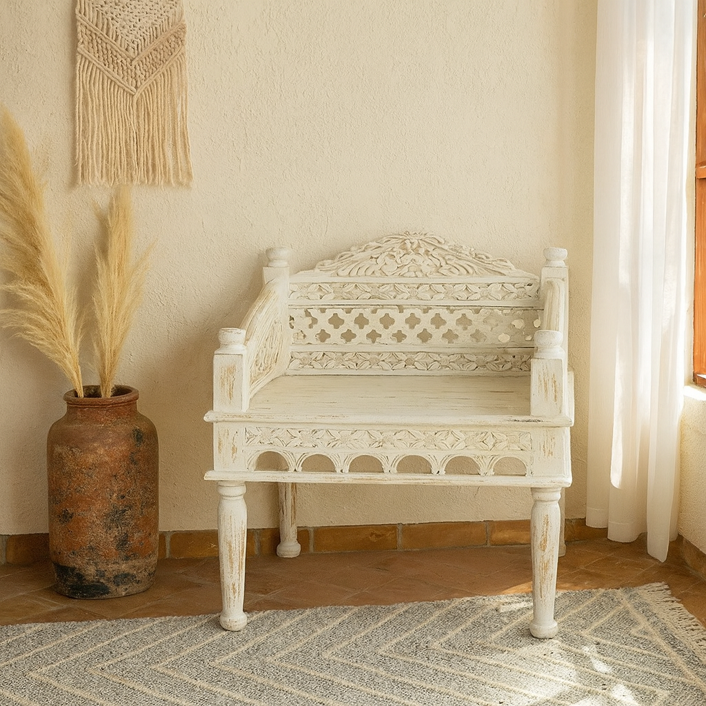 Terisa Indian Wooden Hand Carved Arm Chair with Cushion Seat