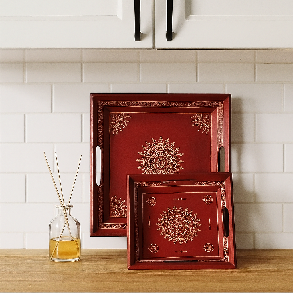 Nibha Hand Painted Wooden Tray Set/3