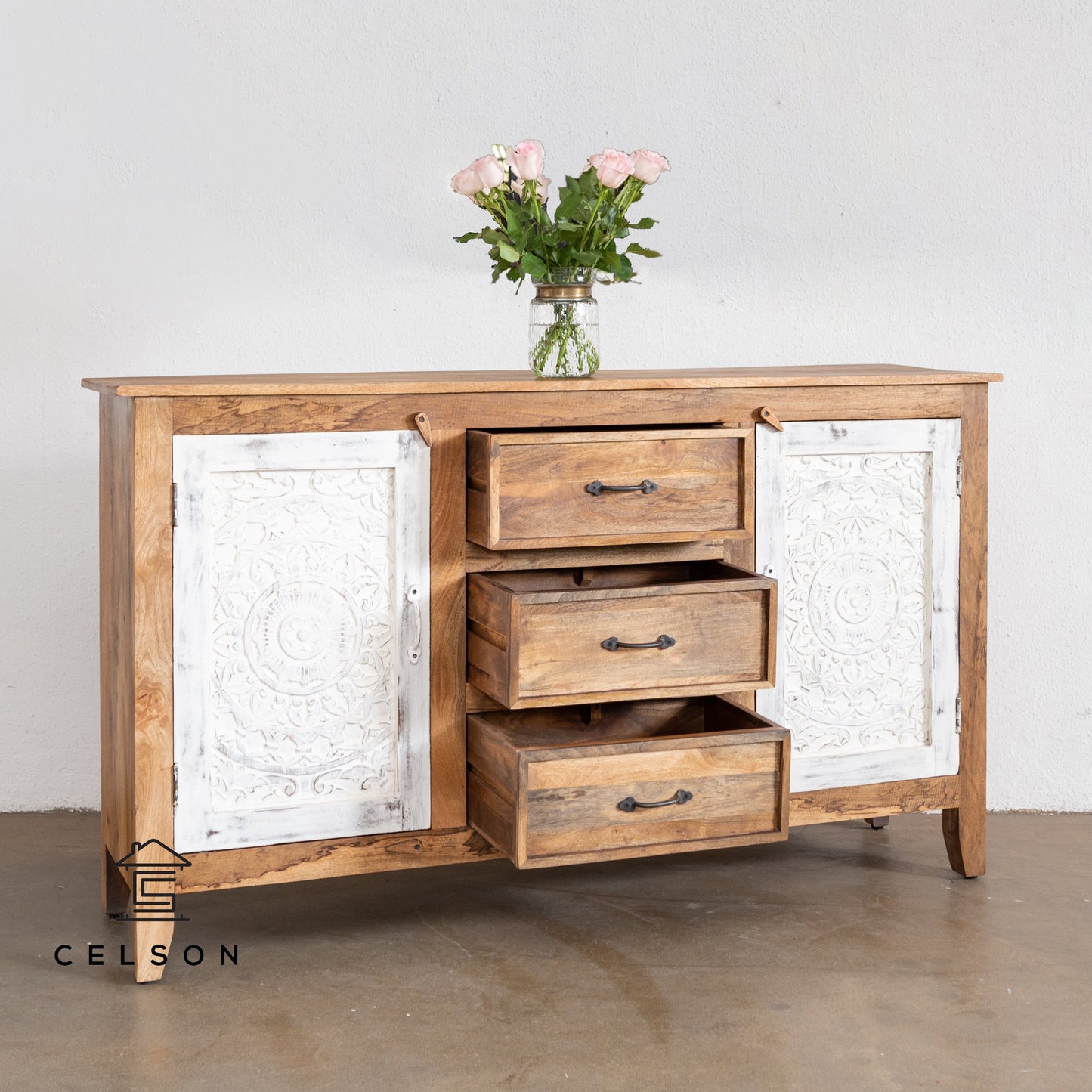 Rose Hand Carved Wooden Sideboard