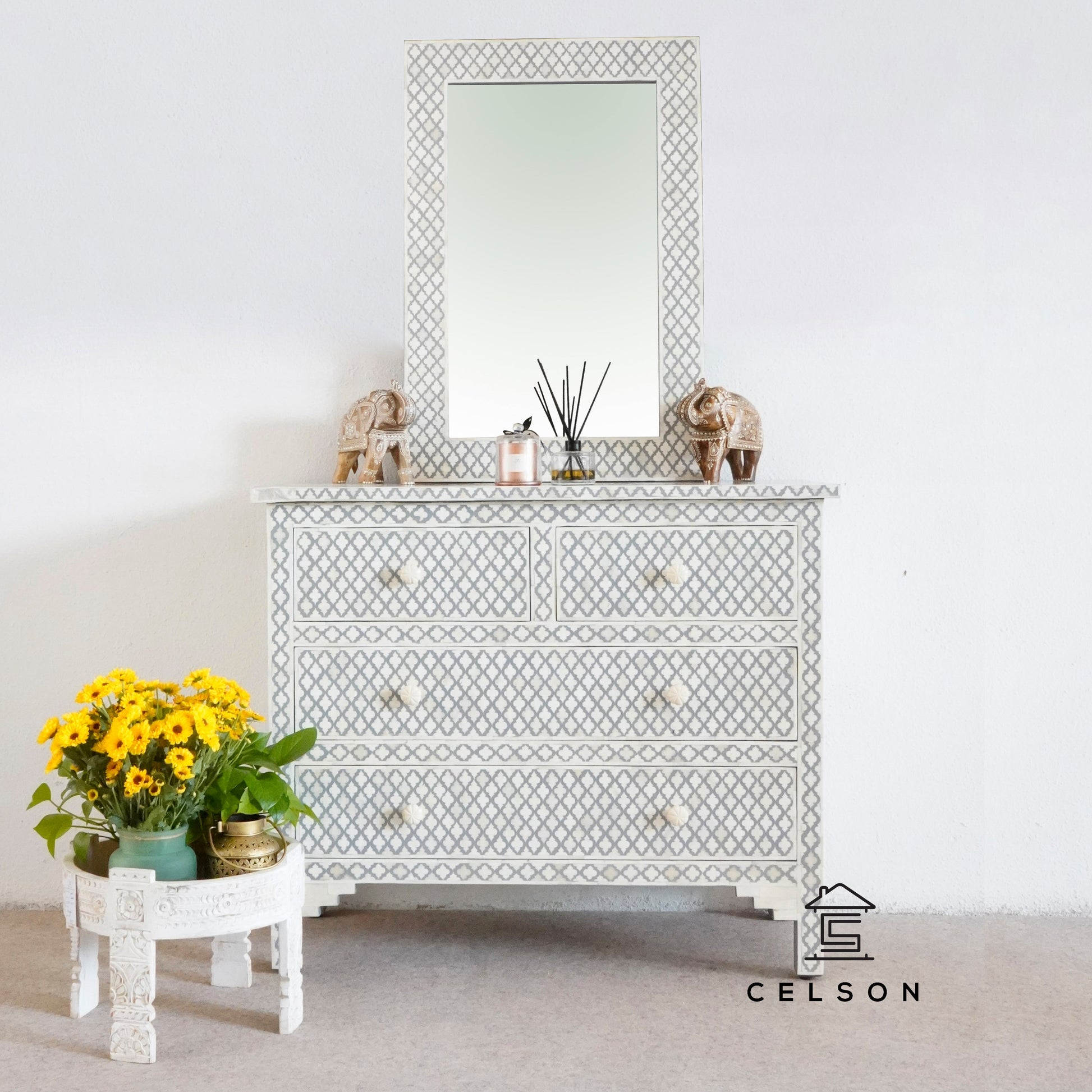 Eva Bone Inlay Chest of drawer and Mirror