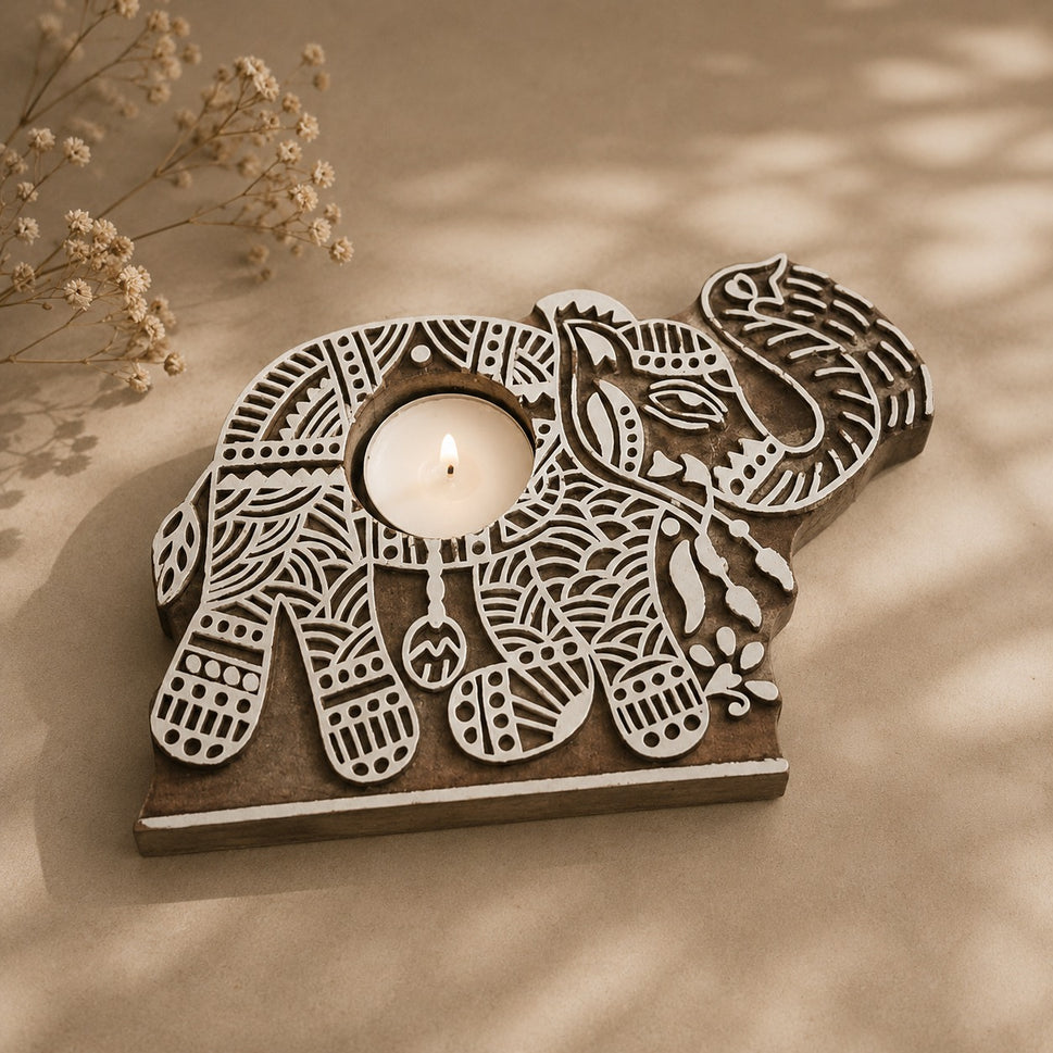Elorra Hand Carved Wooden T Light Holder