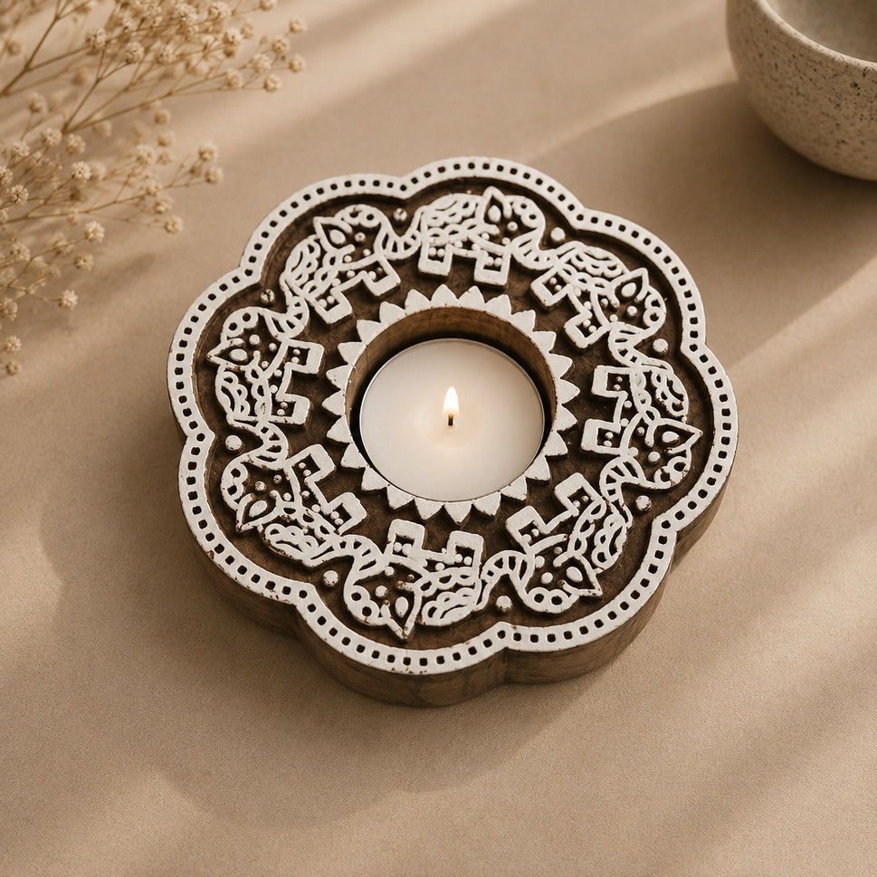Elorra Hand Carved Wooden T Light Holder