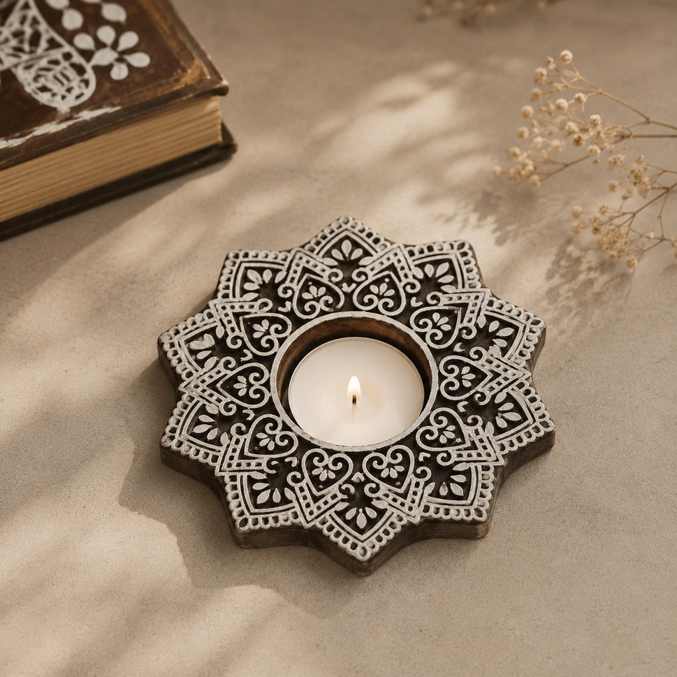 Elorra Hand Carved Wooden T Light Holder