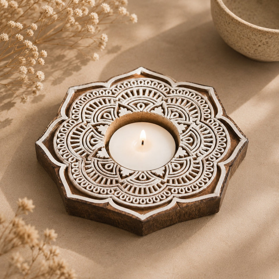Elorra Hand Carved Wooden T Light Holder