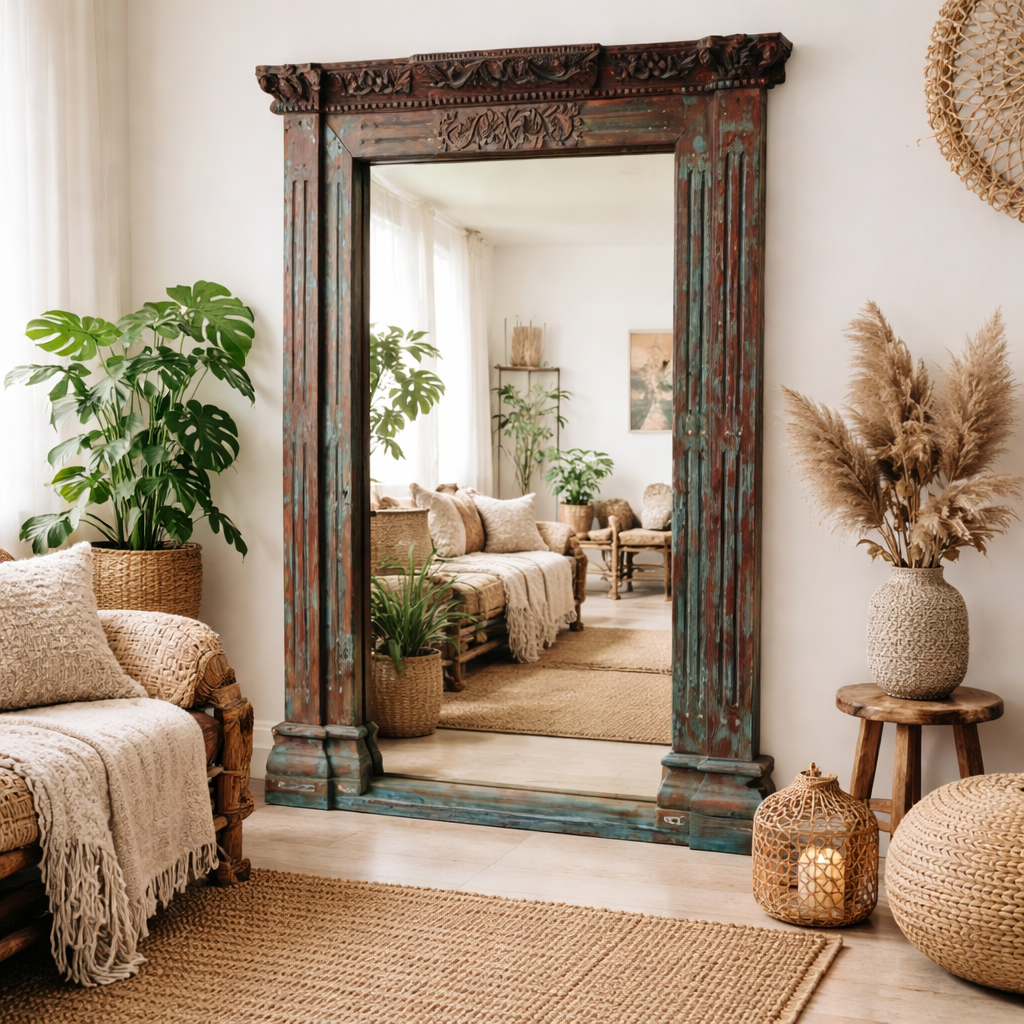 Aabha Hand Carved Window Mirror Frame