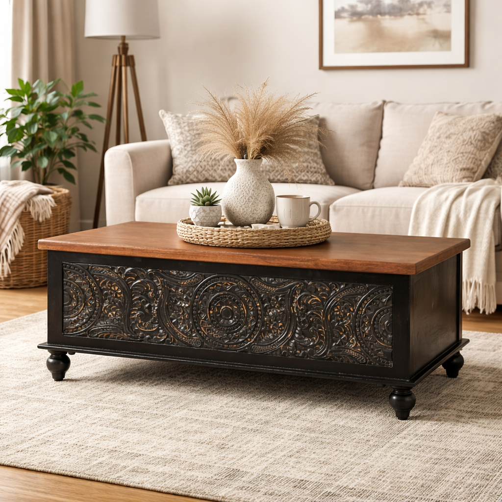 Becca Carved Wooden Storage Trunk
