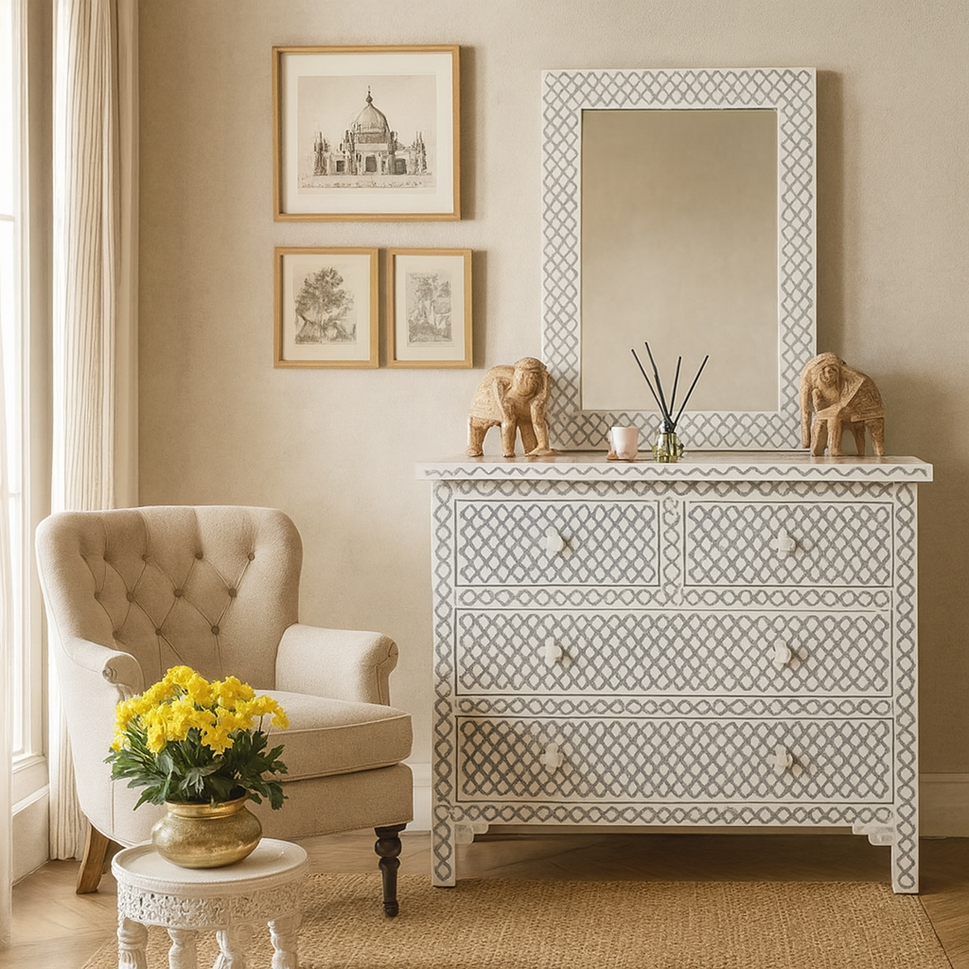 Eva Bone Inlay Chest of drawer and Mirror