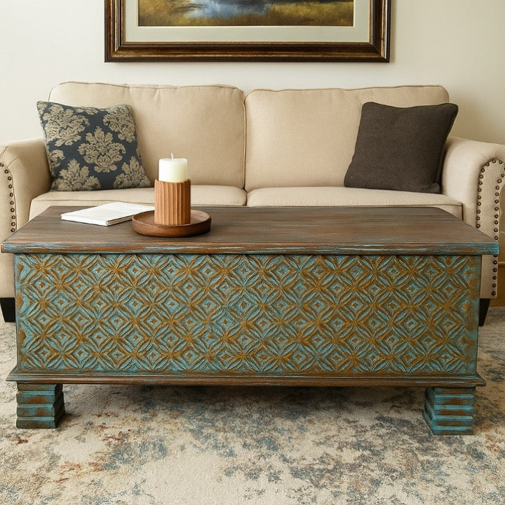 Ample Carved Wooden Storage Trunk