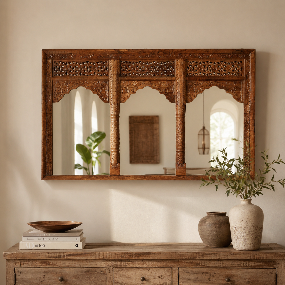 Mahi Hand Carved Wooden Arch Mirror