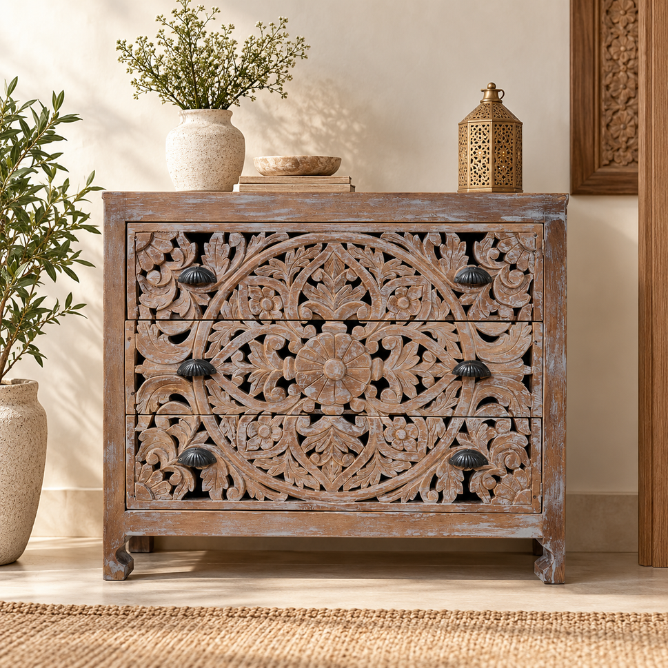 Herran Carved Wooden Chest of Drawer
