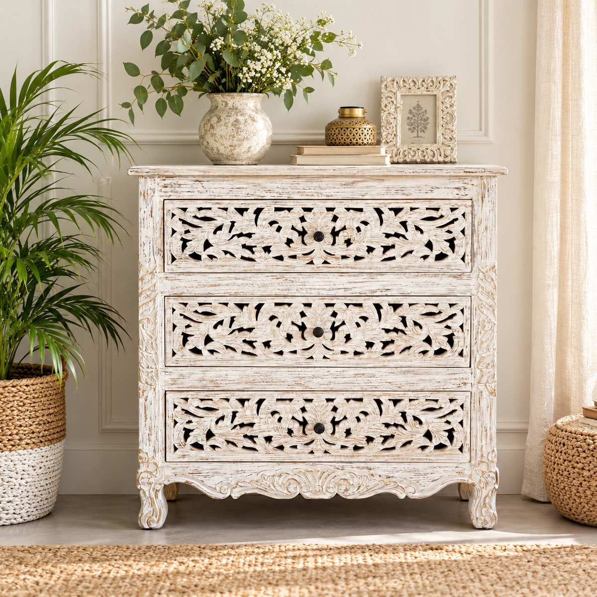 Farrell Carved Wooden Chest of Drawer
