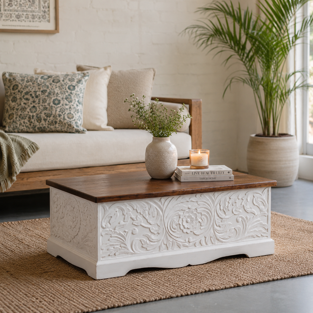 Tasia Carved Wooden Storage Trunk