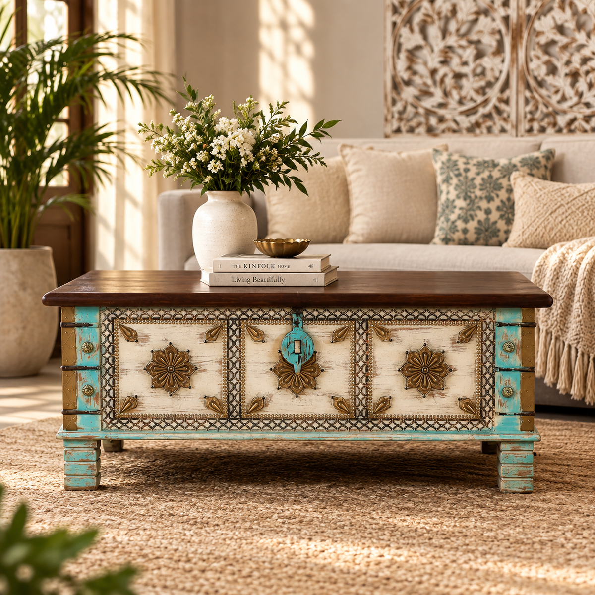 Anika  Vintage Style Brass Fitted Wooden Trunk