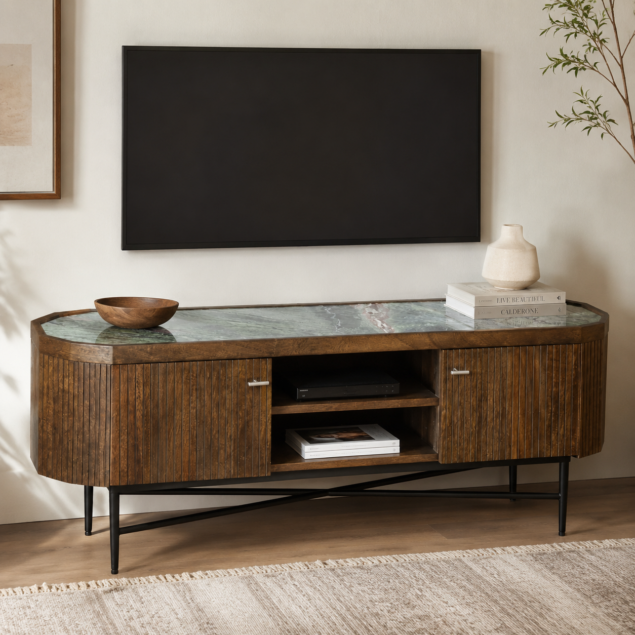 Hugo Wooden TV Cabinet with Marble Top