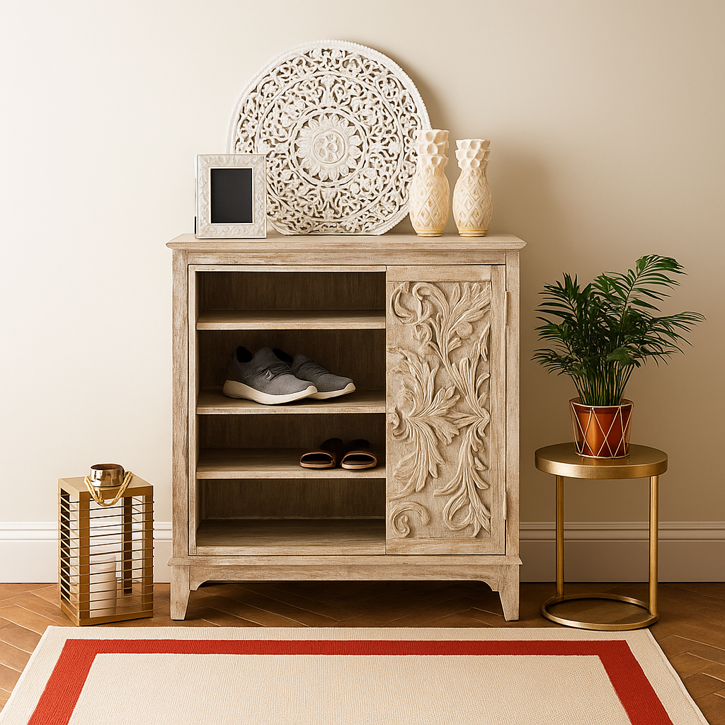 Kaye Hand  Carved Wooden Shoe Cabinet
