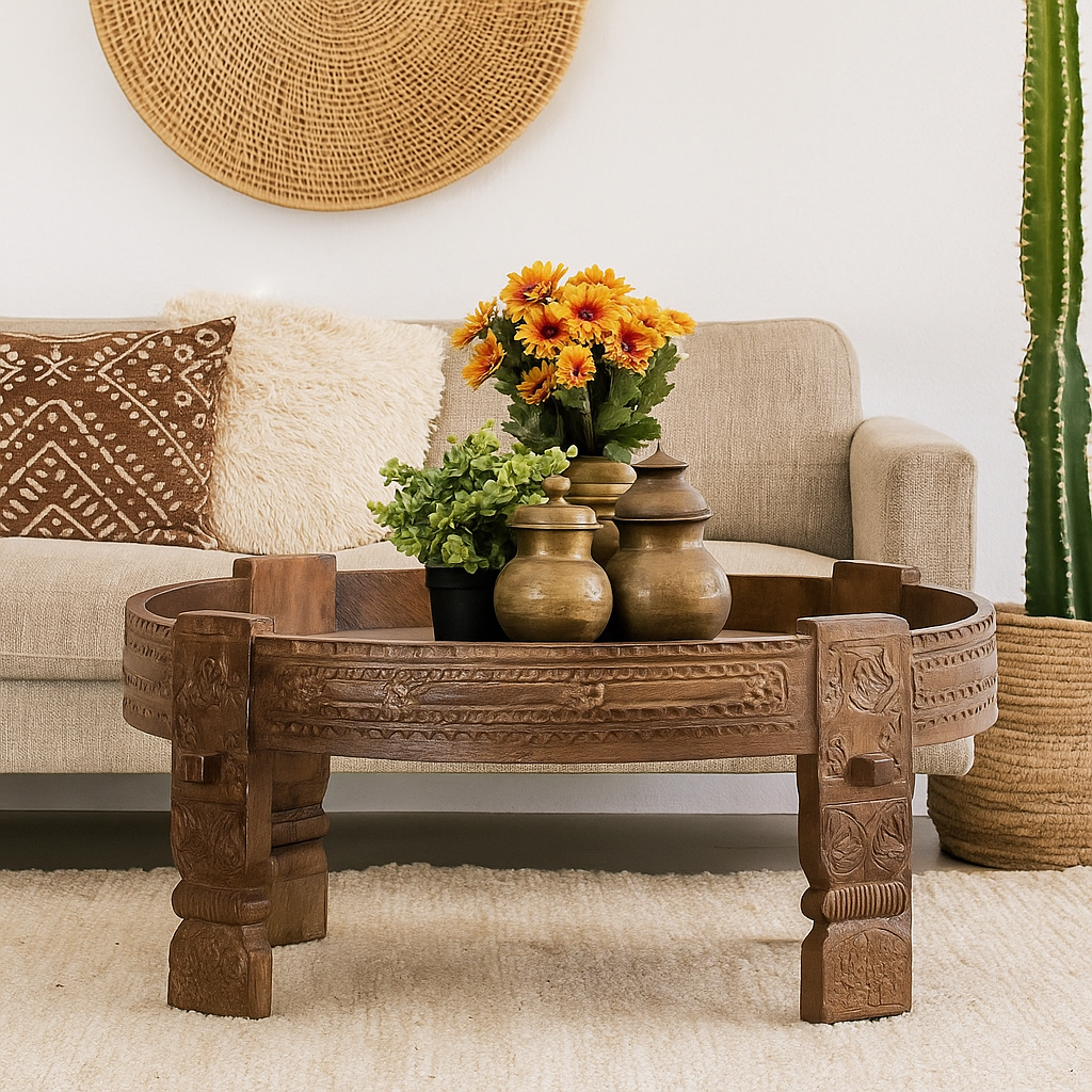 Chaki Table Set Zion Carved Chakki Table – Celson Lifestyle Interiors PTY LTD