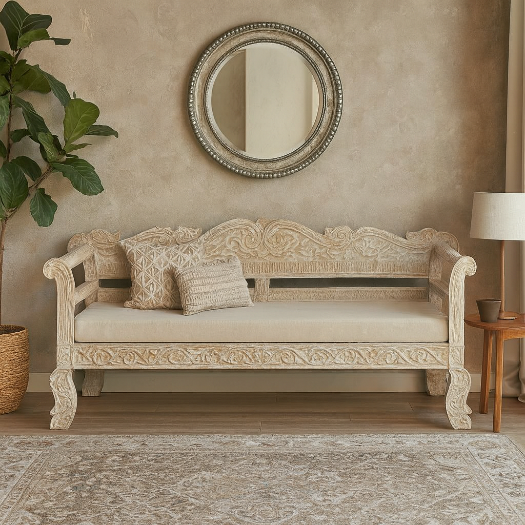 Mia Wooden Hand Carved 3 Seater Sofa with Cushion Seat