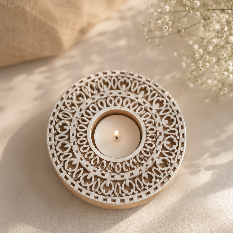 Elorra Hand Carved Wooden T Light Holder