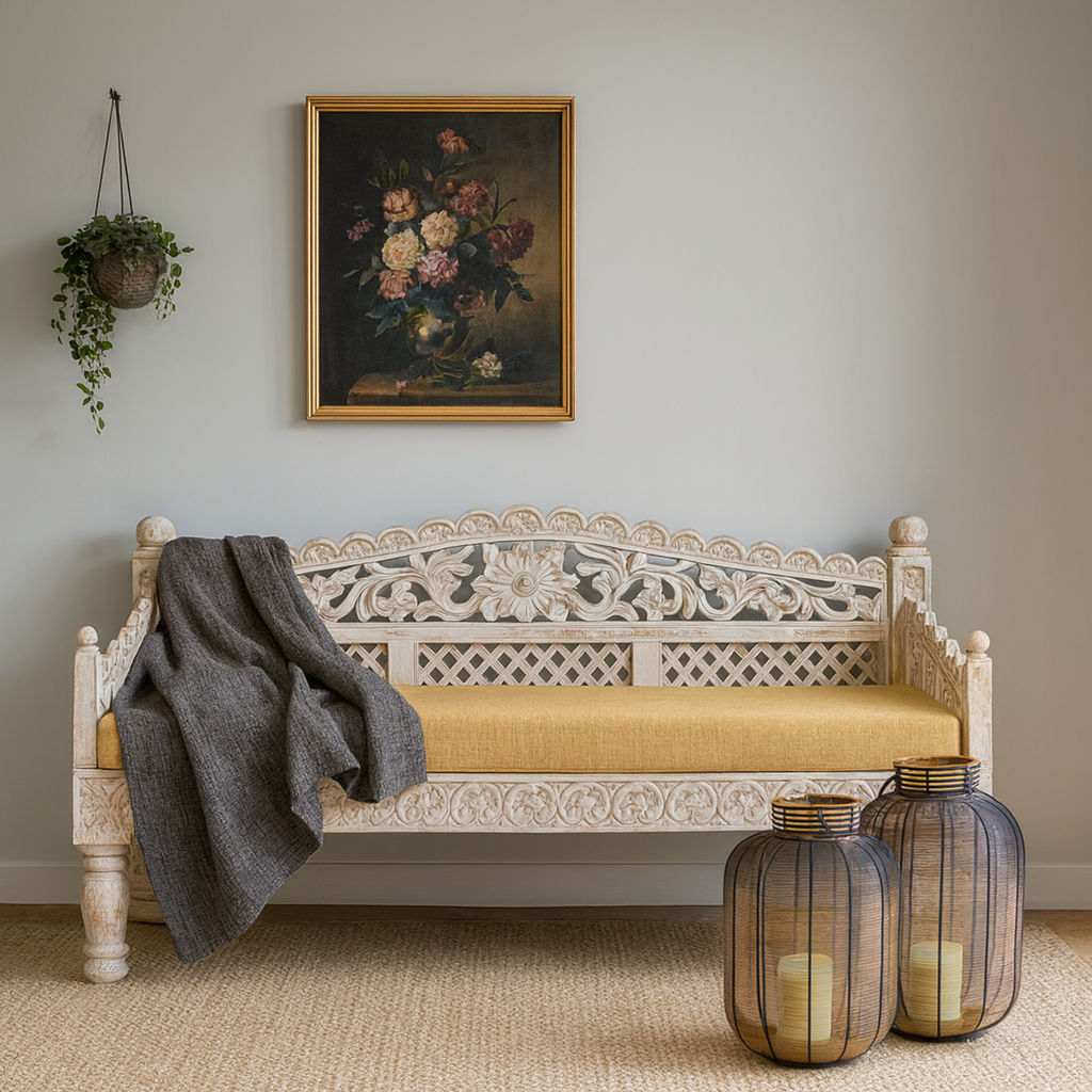 Scott Wooden Hand Carved 3 Seater Sofa with Cushion Seat