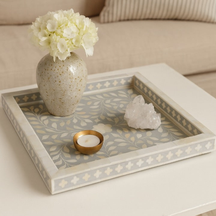 Lara Bone Inlay Square Floral Pattern Tray