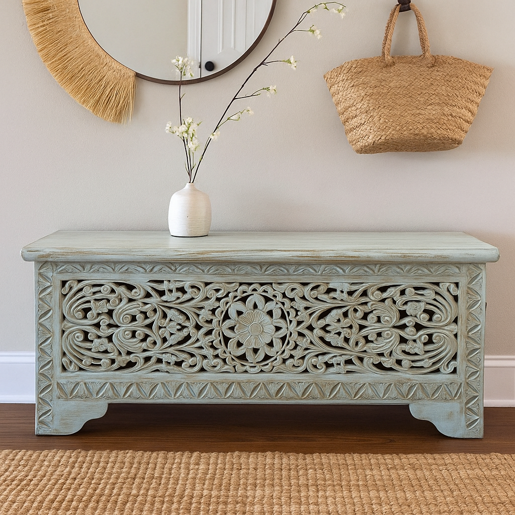 Lorente Carved Wooden Storage Trunk