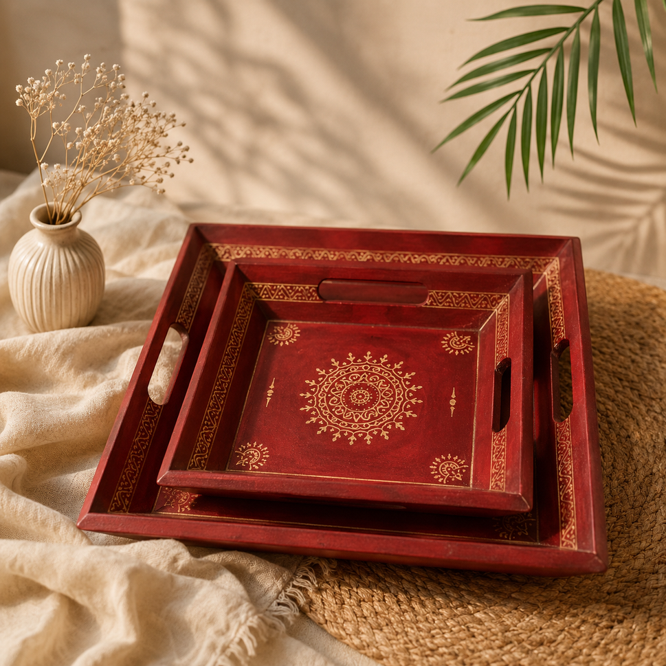 Nibha Hand Painted Wooden Tray Set/3